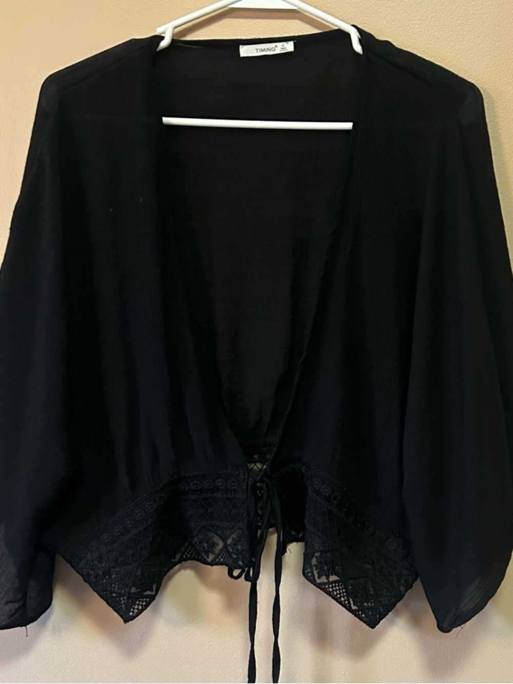 Timing Black Crochet-Trim Tie Front Kimono Cardigan